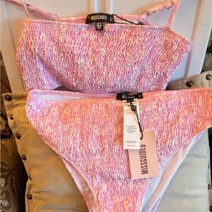 New/Tags-Misguided Pink and Orange Textured Bikini set with stretch.